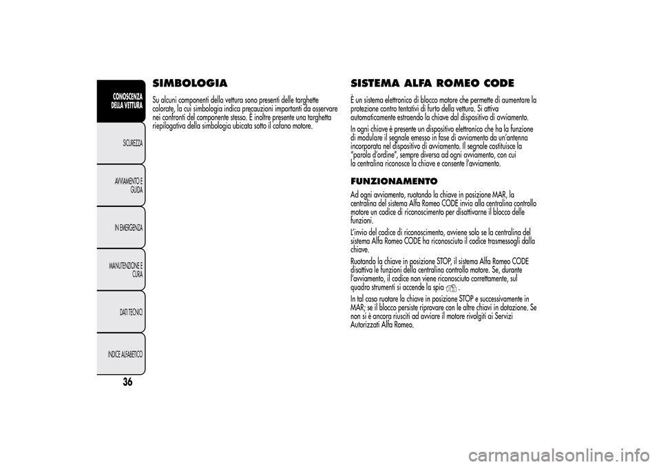 Alfa Romeo MiTo 2014  Manuale del proprietario (in Italian) SIMBOLOGIASu alcuni componenti della vettura sono presenti delle targhette
colorate, la cui simbologia indica precauzioni importanti da osservare
nei confronti del componente stesso. È inoltre presen