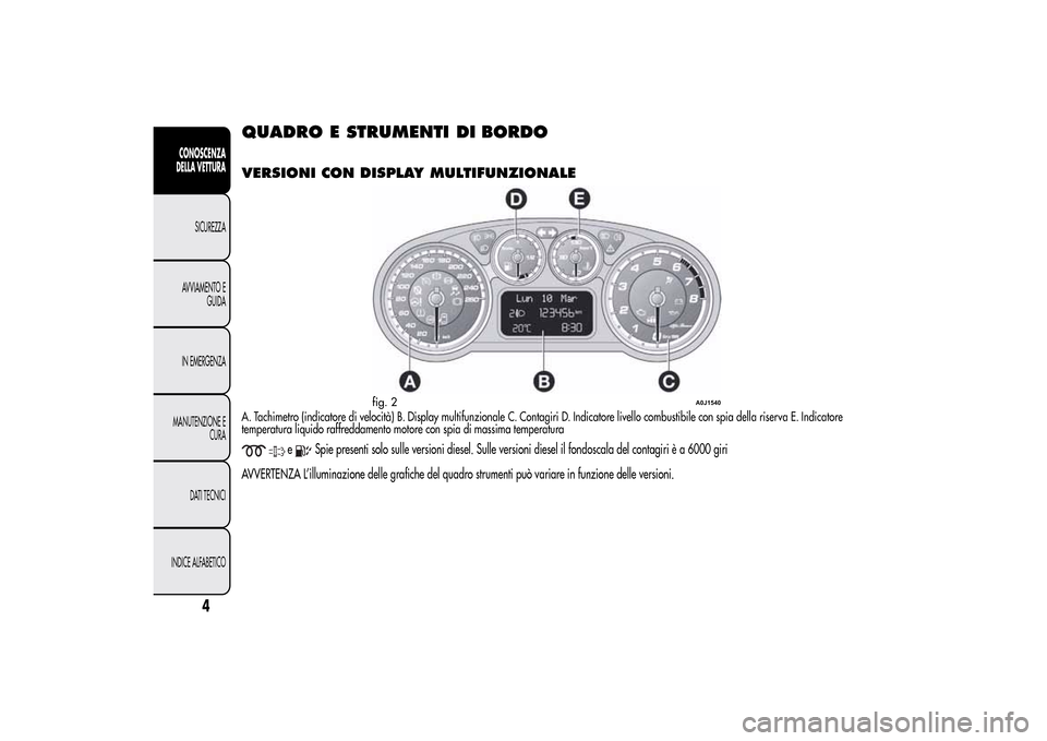 Alfa Romeo MiTo 2014 Manuale del proprietario (in Italian) QUADRO E STRUMENTI DI
BORDOVERSIONI CON DISPLAY MULTIFUNZIONALEA. Tachimetro (indicatore di velocità) B. Display multifunzionale C. Contagiri D. Indicatore livello combustibile con spia della riserva Alfa Romeo MiTo 2014 Manuale del proprietario (in Italian) QUADRO E STRUMENTI DI
BORDOVERSIONI CON DISPLAY MULTIFUNZIONALEA. Tachimetro (indicatore di velocità) B. Display multifunzionale C. Contagiri D. Indicatore livello combustibile con spia della riserva