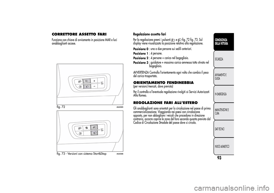 Alfa Romeo MiTo 2014 Manuale del proprietario (in Italian) Regolazione assetto fari
Per la regolazione premi i pulsanti
e
fig. 72 fig. 73. Sul
display viene visualizzata la posizione relativa alla regolazione.
Posizione 0
: una o due persone sui sedili anteri Alfa Romeo MiTo 2014 Manuale del proprietario (in Italian) Regolazione assetto fari
Per la regolazione premi i pulsanti
e
fig. 72 fig. 73. Sul
display viene visualizzata la posizione relativa alla regolazione.
Posizione 0
: una o due persone sui sedili anteri