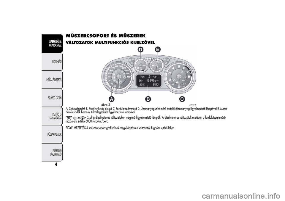 Alfa Romeo MiTo 2014  Kezelési útmutató (in Hungarian) MŰSZERCSOPORT ÉS MŰSZEREKVÁLTOZATOK MULTIFUNKCIÓS KIJELZŐVELA. Sebességmérő B. Multifunkciós kijelző C. Fordulatszámmérő D. Üzemanyagszint-mérő tartalék üzemanyag figyelmeztető lá