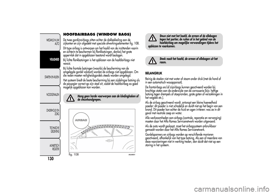 Alfa Romeo MiTo 2014  Handleiding (in Dutch) HOOFDAIRBAGS (WINDOW BAGS)De twee gordijnairbags zitten achter de dakbekleding aan de
zijkanten en zijn afgedekt met speciale afwerkingselementen fig. 108.
Dit type airbag is ontworpen om het hoofd va