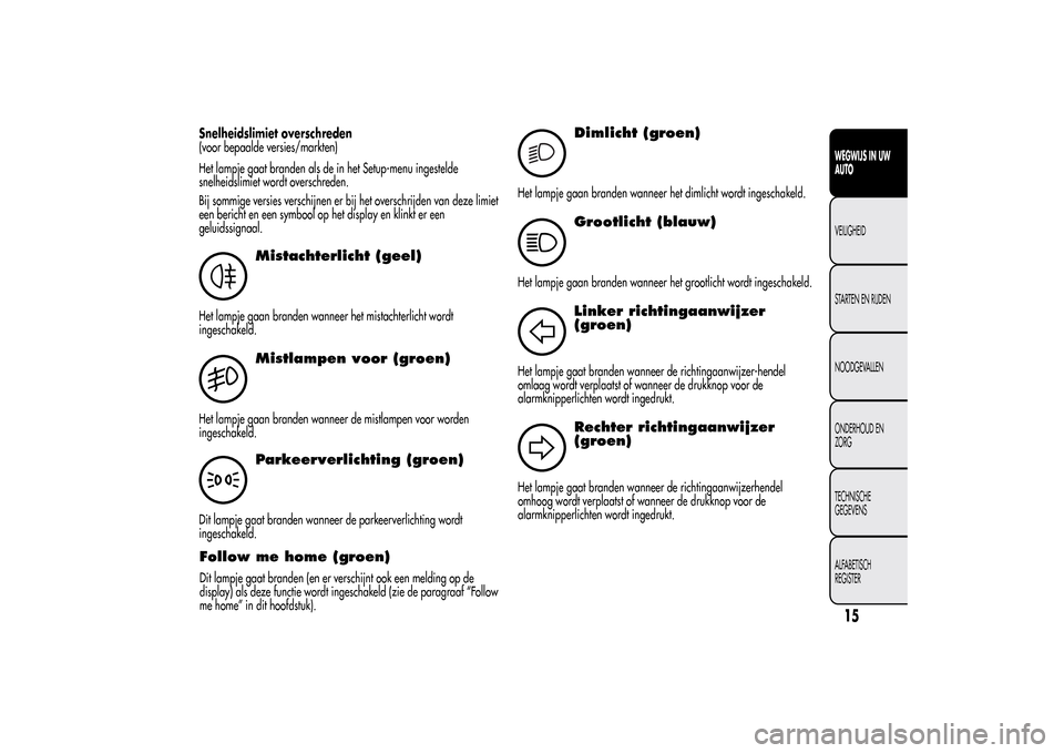 Alfa Romeo MiTo 2014 Handleiding (in Dutch) Snelheidslimiet overschreden
(voor bepaalde versies/markten)
Het lampje gaat branden als de in het Setup-menu ingestelde
snelheidslimiet wordt overschreden.
Bij sommige versies verschijnen er bij het Alfa Romeo MiTo 2014 Handleiding (in Dutch) Snelheidslimiet overschreden
(voor bepaalde versies/markten)
Het lampje gaat branden als de in het Setup-menu ingestelde
snelheidslimiet wordt overschreden.
Bij sommige versies verschijnen er bij het
