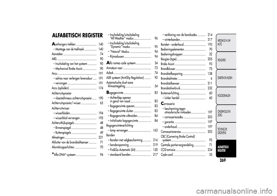 Alfa Romeo MiTo 2014  Handleiding (in Dutch) ALFABETISCH REGISTERA
anhangers trekken ........................... 140
– Montage van de trekhaak ................ 140
Aansteker ............................................ 74
ABS .................