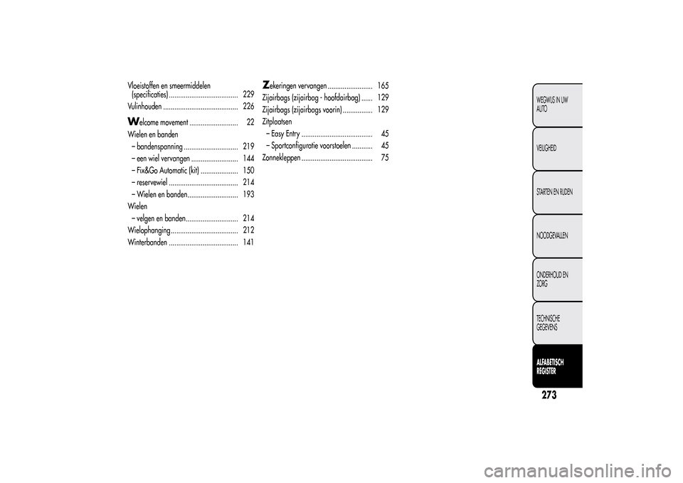 Alfa Romeo MiTo 2014  Handleiding (in Dutch) Vloeistoffen en smeermiddelen
(specificaties) ..................................... 229
Vulinhouden ........................................ 226W
elcome movement .......................... 22
Wielen e