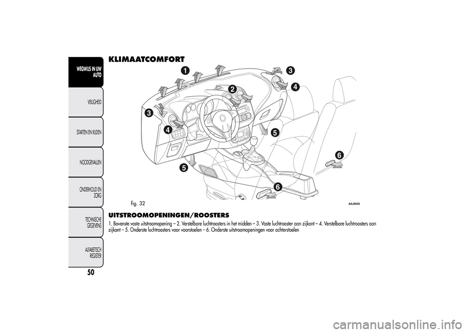 Alfa Romeo MiTo 2014 Handleiding (in Dutch) KLIMAATCOMFORTUITSTROOMOPENINGEN/ROOSTERS1. Bovenste vaste uitstroomopening – 2. Verstelbare luchtroosters in het midden – 3. Vaste luchtrooster aan zijkant – 4. Verstelbare luchtroosters aan
zi Alfa Romeo MiTo 2014 Handleiding (in Dutch) KLIMAATCOMFORTUITSTROOMOPENINGEN/ROOSTERS1. Bovenste vaste uitstroomopening – 2. Verstelbare luchtroosters in het midden – 3. Vaste luchtrooster aan zijkant – 4. Verstelbare luchtroosters aan
zi