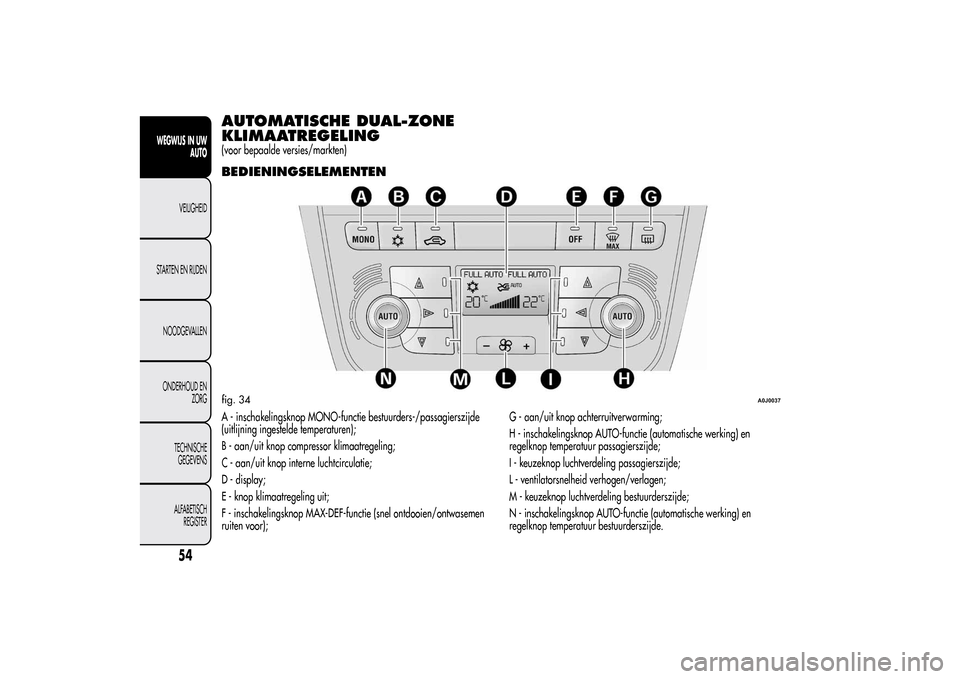 Alfa Romeo MiTo 2014 Handleiding (in Dutch) AUTOMATISCHE DUAL-ZONE
KLIMAATREGELING(voor bepaalde versies/markten)BEDIENINGSELEMENTENA - inschakelingsknop MONO-functie bestuurders-/passagierszijde
(uitlijning ingestelde temperaturen);
B - aan/ui Alfa Romeo MiTo 2014 Handleiding (in Dutch) AUTOMATISCHE DUAL-ZONE
KLIMAATREGELING(voor bepaalde versies/markten)BEDIENINGSELEMENTENA - inschakelingsknop MONO-functie bestuurders-/passagierszijde
(uitlijning ingestelde temperaturen);
B - aan/ui