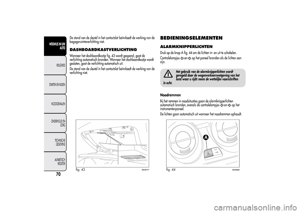 Alfa Romeo MiTo 2014  Handleiding (in Dutch) De stand van de sleutel in het contactslot beïnvloedt de werking van de
bagageruimteverlichting niet.DASHBOARDKASTVERLICHTINGWanneer het dashboardkastje fig. 43 wordt geopend, gaat de
verlichting aut