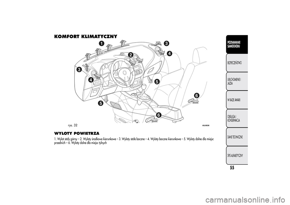 Alfa Romeo MiTo 2014 Instrukcja Obsługi (in Polish) KOMFORT KLIMATYCZNYWYLOTY POWIETRZA1. Wylot stały górny – 2. Wyloty środkowe kierunkowe – 3. Wyloty stałe boczne – 4. Wyloty boczne kierunkowe – 5. Wyloty dolne dla miejsc
przednich – 6. Alfa Romeo MiTo 2014 Instrukcja Obsługi (in Polish) KOMFORT KLIMATYCZNYWYLOTY POWIETRZA1. Wylot stały górny – 2. Wyloty środkowe kierunkowe – 3. Wyloty stałe boczne – 4. Wyloty boczne kierunkowe – 5. Wyloty dolne dla miejsc
przednich – 6.