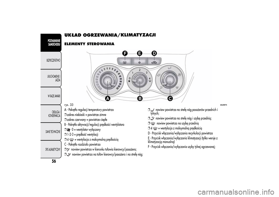 Alfa Romeo MiTo 2014 Instrukcja Obsługi (in Polish) UKŁAD OGRZEWANIA/KLIMATYZACJIELEMENTY STEROWANIAA - Pokrętło regulacji temperatury powietrza
❒zakres niebieski = powietrze zimne
❒zakres czerwony = powietrze ciepłe
B - Pokrętło aktywacji/re Alfa Romeo MiTo 2014 Instrukcja Obsługi (in Polish) UKŁAD OGRZEWANIA/KLIMATYZACJIELEMENTY STEROWANIAA - Pokrętło regulacji temperatury powietrza
❒zakres niebieski = powietrze zimne
❒zakres czerwony = powietrze ciepłe
B - Pokrętło aktywacji/re