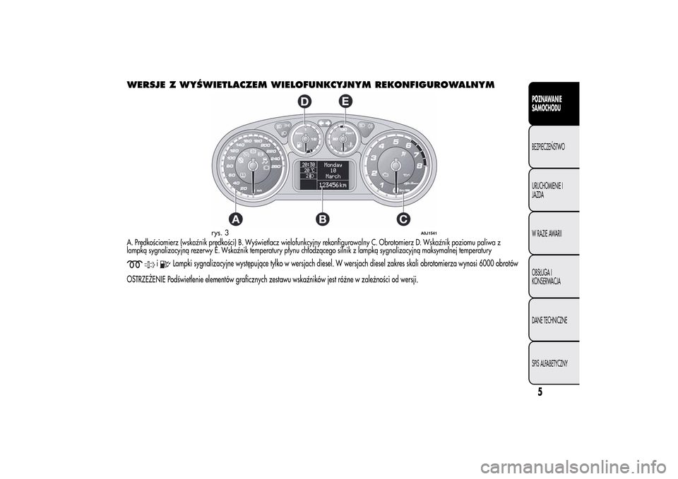 Alfa Romeo MiTo 2014  Instrukcja Obsługi (in Polish) WERSJE Z WYŚWIETLACZEM WIELOFUNKCYJNYM REKONFIGUROWALNYMA. Prędkościomierz (wskaźnik prędkości) B. Wyświetlacz wielofunkcyjny rekonfigurowalny C. Obrotomierz D. Wskaźnik poziomu paliwa z
lampk