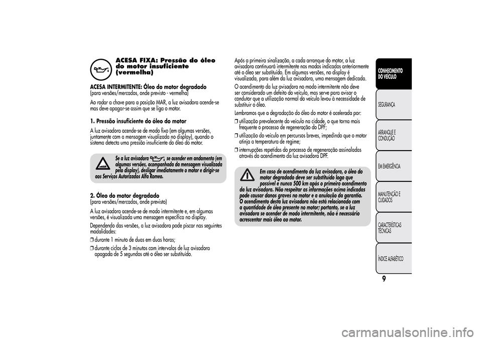 Alfa Romeo MiTo 2014  Manual do proprietário (in Portuguese) ACESA FIXA: Pressão do óleo
do motor insuficiente
(vermelha)
ACESA INTERMITENTE: Óleo do motor degradado
(para versões/mercados, onde previsto - vermelha)
Ao rodar a chave para a posição MAR, a 