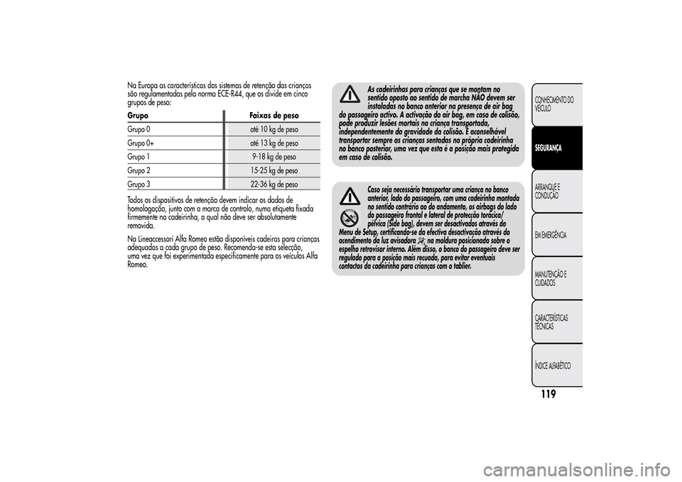 Alfa Romeo MiTo 2014  Manual do proprietário (in Portuguese) Na Europa as características dos sistemas de retenção das crianças
são regulamentadas pela norma ECE-R44, que os divide em cinco
grupos de peso:Grupo Faixas de peso
Grupo 0 até 10 kg de peso
Gru