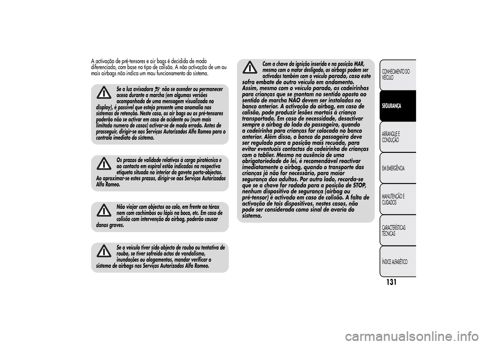 Alfa Romeo MiTo 2014  Manual do proprietário (in Portuguese) A activação de pré-tensores e air bags é decidida de modo
diferenciado, com base no tipo de colisão. A não activação de um ou
mais airbags não indica um mau funcionamento do sistema.
Se a luz
