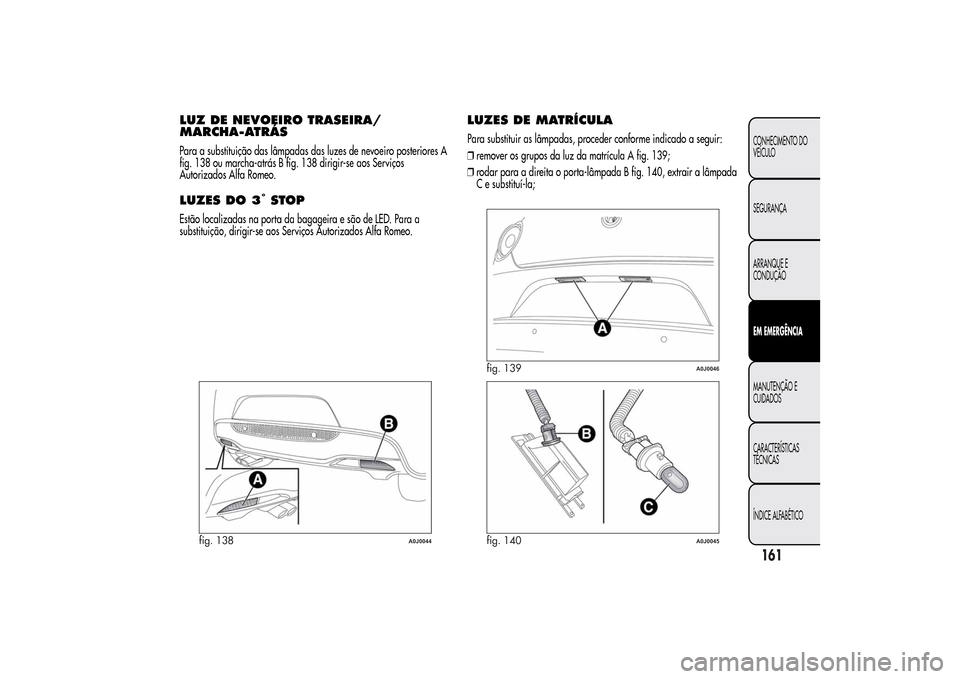 Alfa Romeo MiTo 2014  Manual do proprietário (in Portuguese) LUZ DE NEVOEIRO TRASEIRA/
MARCHA-ATRÁSPara a substituição das lâmpadas das luzes de nevoeiro posteriores A
fig. 138 ou marcha-atrás B fig. 138 dirigir-se aos Serviços
Autorizados Alfa Romeo.LUZE