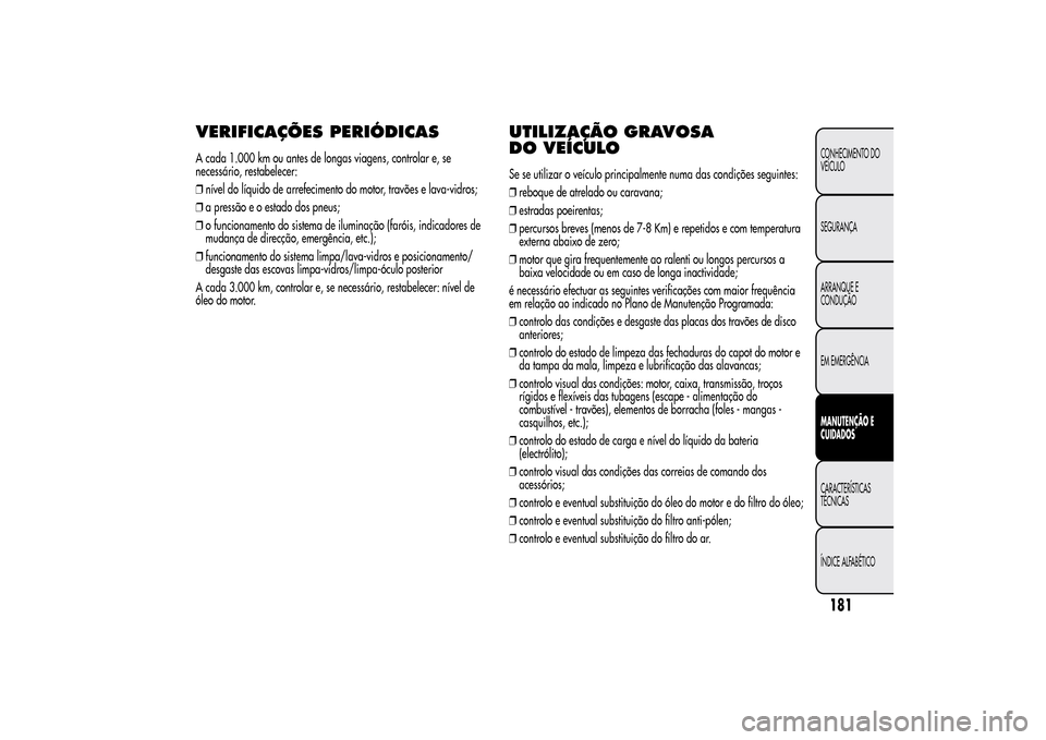 Alfa Romeo MiTo 2014  Manual do proprietário (in Portuguese) VERIFICAÇÕES PERIÓDICASA cada 1.000 km ou antes de longas viagens, controlar e, se
necessário, restabelecer:
❒nível do líquido de arrefecimento do motor, travões e lava-vidros;
❒a pressão 