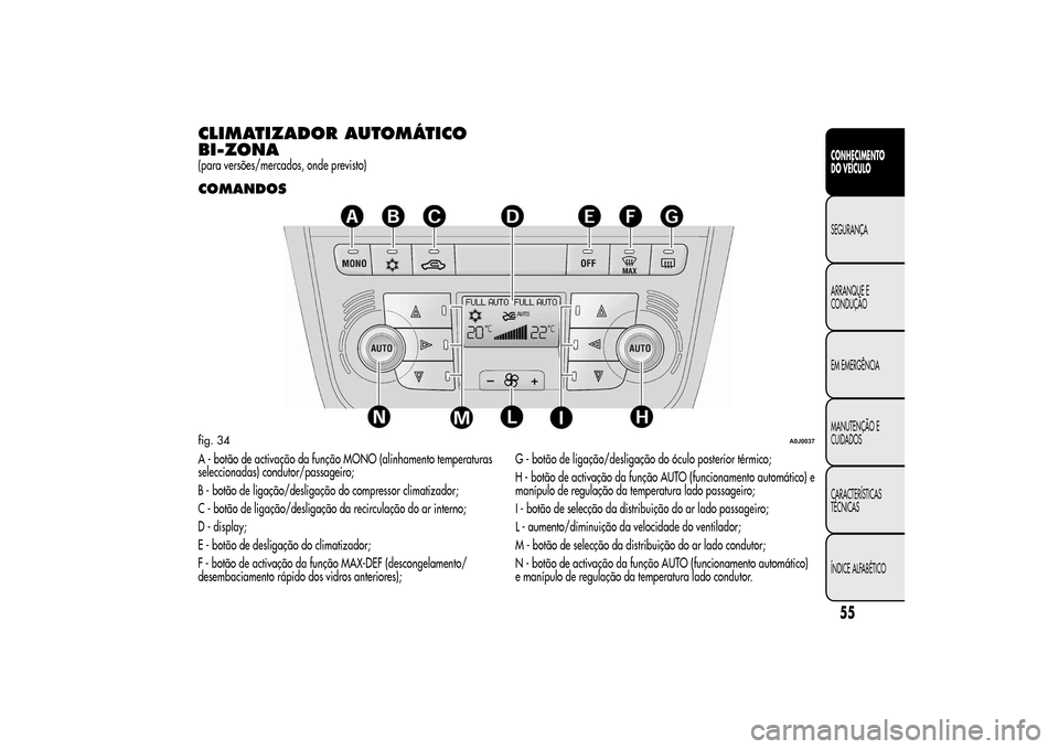 Alfa Romeo MiTo 2014  Manual do proprietário (in Portuguese) CLIMATIZADOR AUTOMÁTICO
BI-ZONA(para versões/mercados, onde previsto)COMANDOSA - botão de activação da função MONO (alinhamento temperaturas
seleccionadas) condutor/passageiro;
B - botão de li