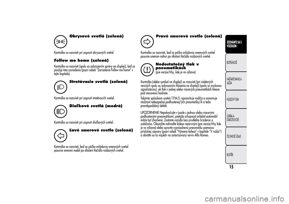 Alfa Romeo MiTo 2014  Užívateľská príručka (in Slovak) Obrysové svetlá (zelená)
Kontrolka sa rozsvieti pri zapnutí obrysových svetiel.Follow me home (zelená)Kontrolka sa rozsvieti (spolu so zobrazením správy na displeji), keď sa
použije toto zar
