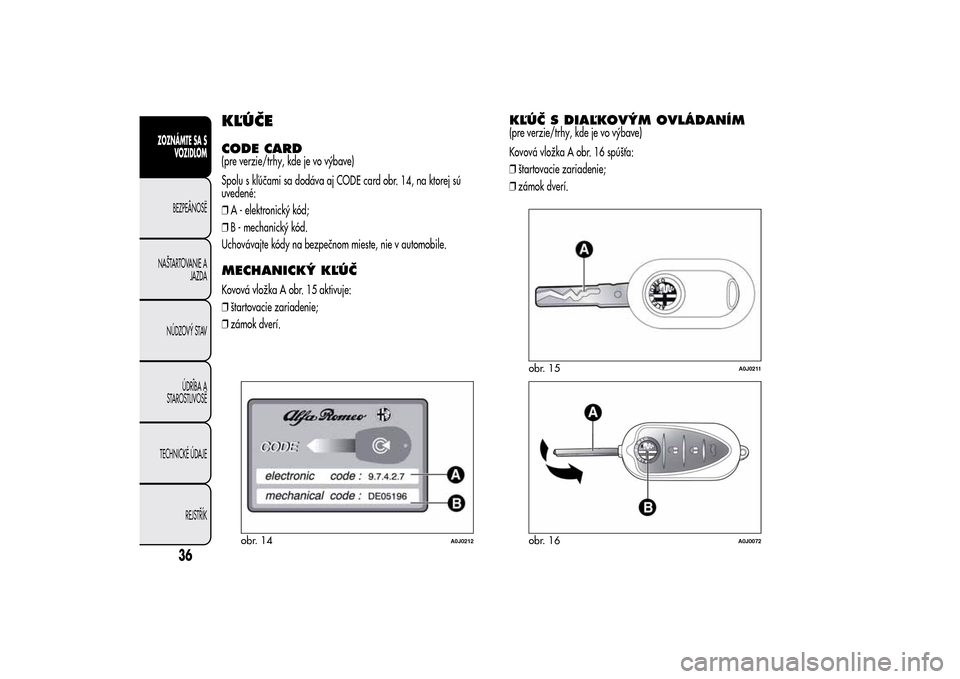 Alfa Romeo MiTo 2014  Užívateľská príručka (in Slovak) KĽÚČECODE CARD(pre verzie/trhy, kde je vo výbave)
Spolu s kľúčami sa dodáva aj CODE card obr. 14, na ktorej sú
uvedené:
❒A - elektronický kód;
❒B - mechanický kód.
Uchovávajte kódy