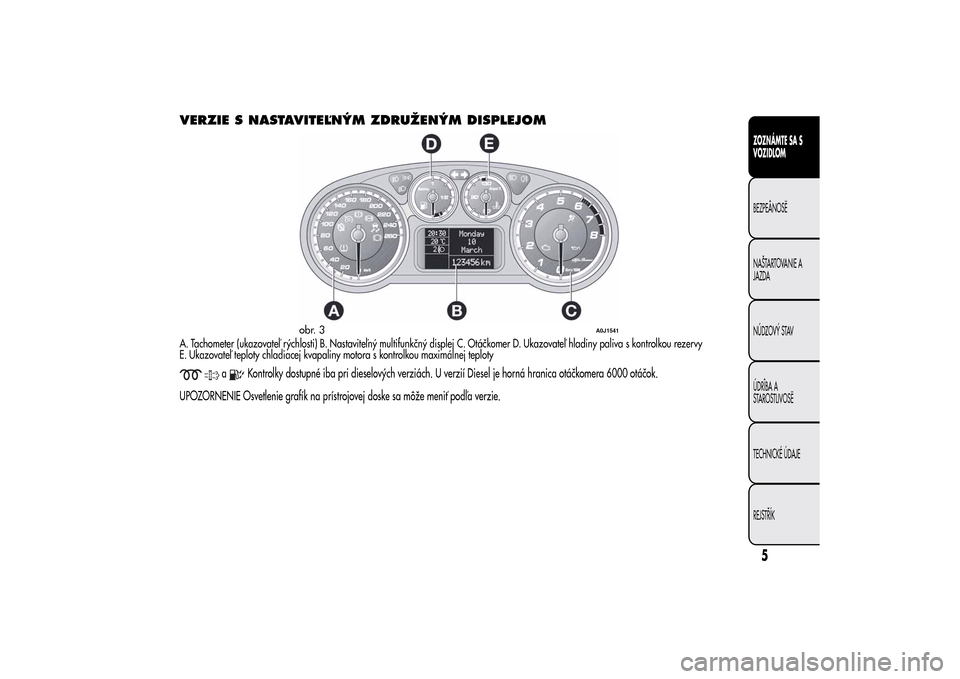 Alfa Romeo MiTo 2014 Užívateľská príručka (in Slovak) VERZIE S NASTAVITEĽNÝM ZDRUŽENÝM DISPLEJOMA. Tachometer (ukazovateľ rýchlosti) B. Nastaviteľný multifunkčný displej C. Otáčkomer D. Ukazovateľ hladiny paliva s kontrolkou rezervy
E. Ukazo Alfa Romeo MiTo 2014 Užívateľská príručka (in Slovak) VERZIE S NASTAVITEĽNÝM ZDRUŽENÝM DISPLEJOMA. Tachometer (ukazovateľ rýchlosti) B. Nastaviteľný multifunkčný displej C. Otáčkomer D. Ukazovateľ hladiny paliva s kontrolkou rezervy
E. Ukazo