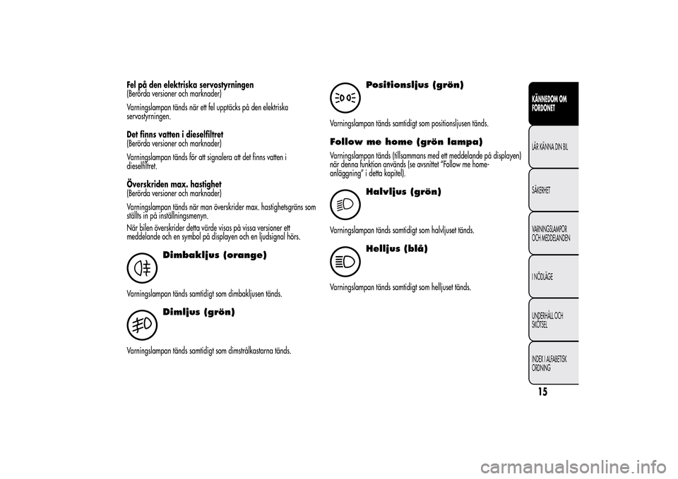 Alfa Romeo MiTo 2014 Ägarmanual (in Swedish) Fel på den elektriska servostyrningen
(Berörda versioner och marknader)
Varningslampan tänds när ett fel upptäcks på den elektriska
servostyrningen.
Det finns vatten i dieselfiltret
(Berörda ve Alfa Romeo MiTo 2014 Ägarmanual (in Swedish) Fel på den elektriska servostyrningen
(Berörda versioner och marknader)
Varningslampan tänds när ett fel upptäcks på den elektriska
servostyrningen.
Det finns vatten i dieselfiltret
(Berörda ve