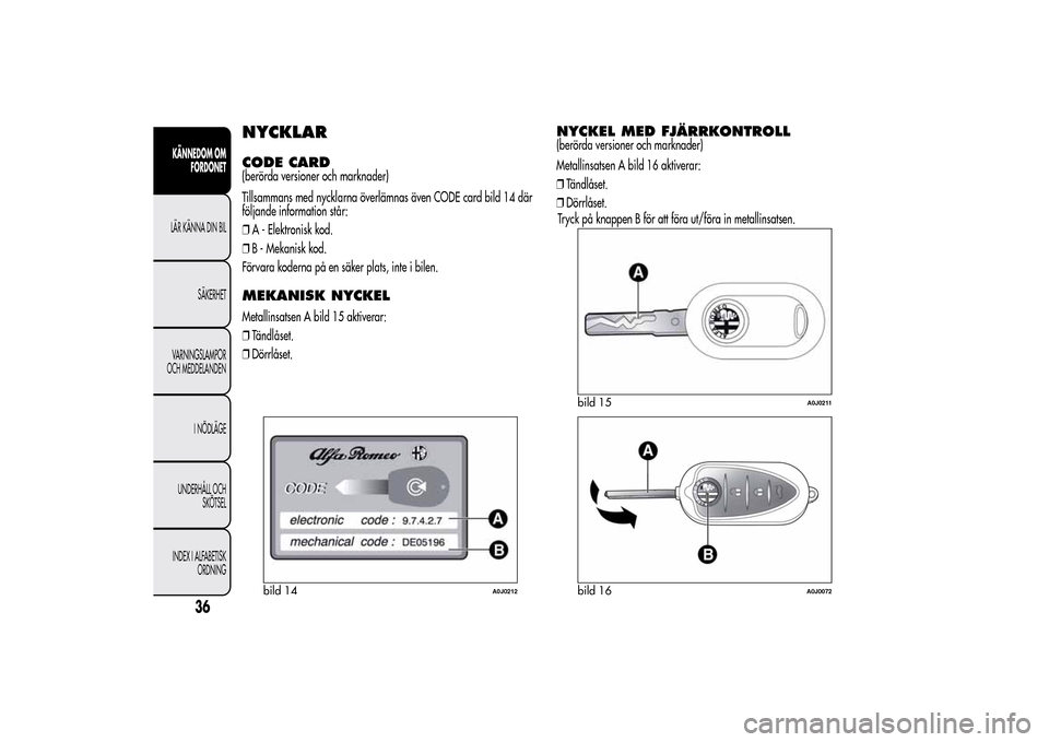 Alfa Romeo MiTo 2014 Ägarmanual (in Swedish) NYCKLARCODE CARD(berörda versioner och marknader)
Tillsammans med nycklarna överlämnas även CODE card bild 14 där
följande information står:
❒A - Elektronisk kod.
❒B - Mekanisk kod.
Förvar Alfa Romeo MiTo 2014 Ägarmanual (in Swedish) NYCKLARCODE CARD(berörda versioner och marknader)
Tillsammans med nycklarna överlämnas även CODE card bild 14 där
följande information står:
❒A - Elektronisk kod.
❒B - Mekanisk kod.
Förvar