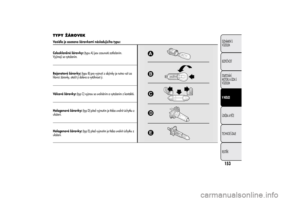 Alfa Romeo MiTo 2014  Návod k obsluze (in Czech) TYPY ŽÁROVEKVozidlo je osazeno žárovkami následujícího typu:
Celoskleněné žárovky:(typu A) jsou zasunuté zatlačením.
Vyjímají se vytažením.Bajonetové žárovky:(typu B) pro vyjmutí