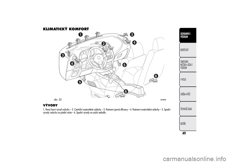 Alfa Romeo MiTo 2014 Návod k obsluze (in Czech) KLIMATICKÝ KOMFORTVÝVODY1. Pevný horní vývod vzduchu – 2. Centrální nastavitelné výdechy – 3. Postranní pevné difuzory – 4. Postranní nastavitelné výdechy – 5. Spodní
vývody vz Alfa Romeo MiTo 2014 Návod k obsluze (in Czech) KLIMATICKÝ KOMFORTVÝVODY1. Pevný horní vývod vzduchu – 2. Centrální nastavitelné výdechy – 3. Postranní pevné difuzory – 4. Postranní nastavitelné výdechy – 5. Spodní
vývody vz