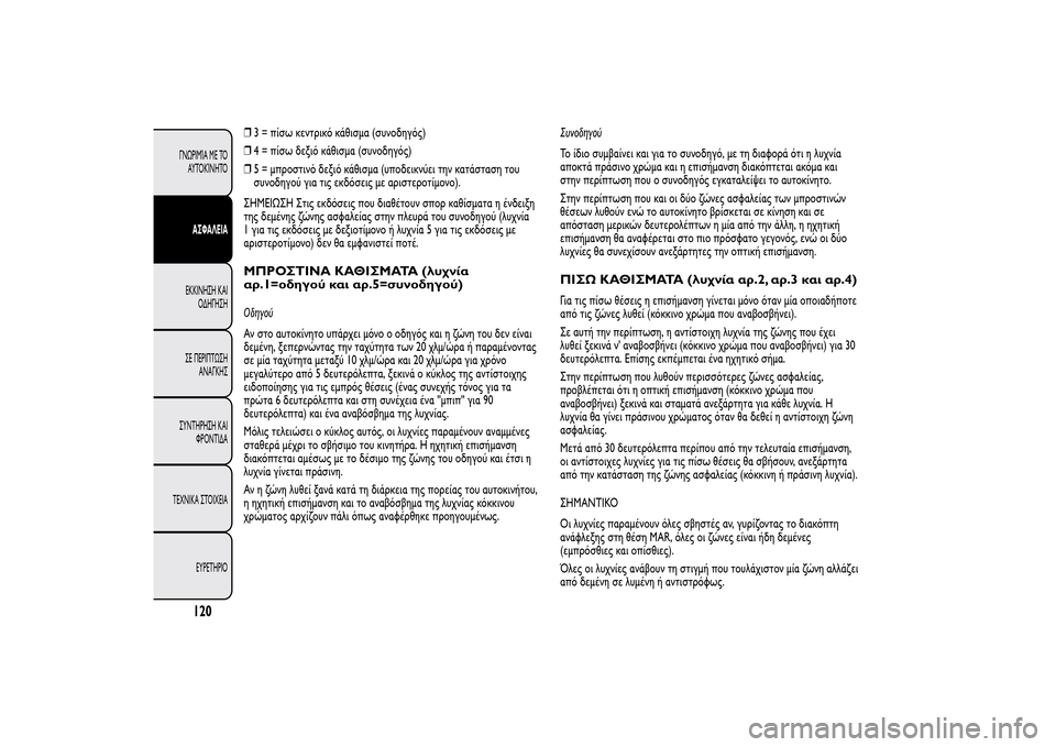 Alfa Romeo MiTo 2014  Εγχειρίδιο χρήσης (in Greek) ❒3 = πίσω κεντρικό κάθισμα (συνοδηγός)
❒4 = πίσω δεξιό κάθισμα (συνοδηγός)
❒5 = μπροστινό δεξιό κάθισμα (υποδεικ
