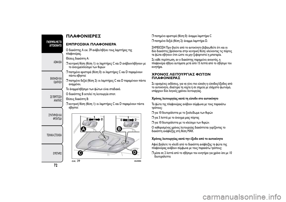 Alfa Romeo MiTo 2014  Εγχειρίδιο χρήσης (in Greek) ΠΛΑΦΟΝΙΕΡΕΣΕΜΠΡΟΣΘΙΑ ΠΛΑΦΟΝΙΕΡΑΟ διακόπτης A εικ. 39 ανάβει/σβήνει τους λαμπτήρες της
πλαφονιέρας.
Θέσεις δια
