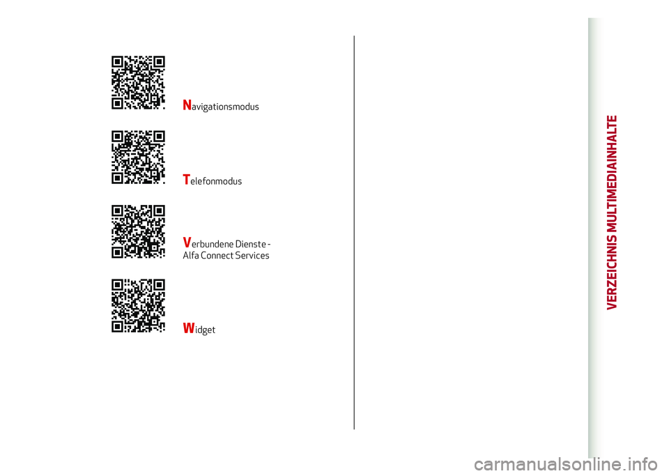 Alfa Romeo Stelvio 2020  Betriebsanleitung (in German) Navigationsmodus
Telefonmodus
Verbundene Dienste - 
Alfa Connect Services
Widget
VERZEICHNIS MULTIMEDIAINHALTE 