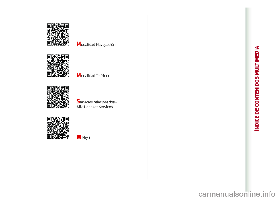 Alfa Romeo Stelvio 2020  Manual del propietario (in Spanish) Modalidad Navegación
Modalidad Teléfono
Servicios relacionados – 
Alfa Connect Services
Widget
ÍNDICE DE CONTENIDOS MULTIMEDIA 