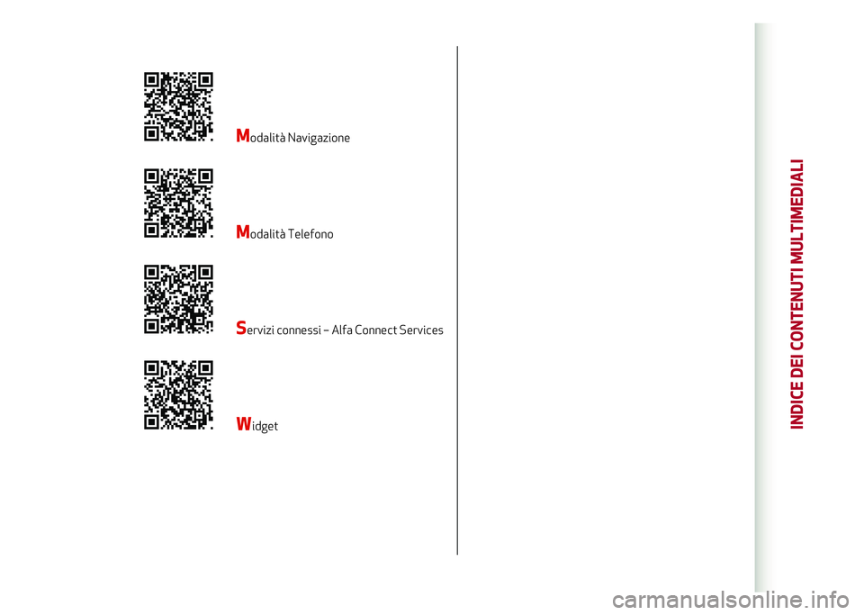 Alfa Romeo Stelvio 2020  Manuale del proprietario (in Italian) Modalità Navigazione
Modalità Telefono
Servizi connessi – Alfa Connect Services
WidgetINDICE DEI CONTENUTI MULTIMEDIALI  