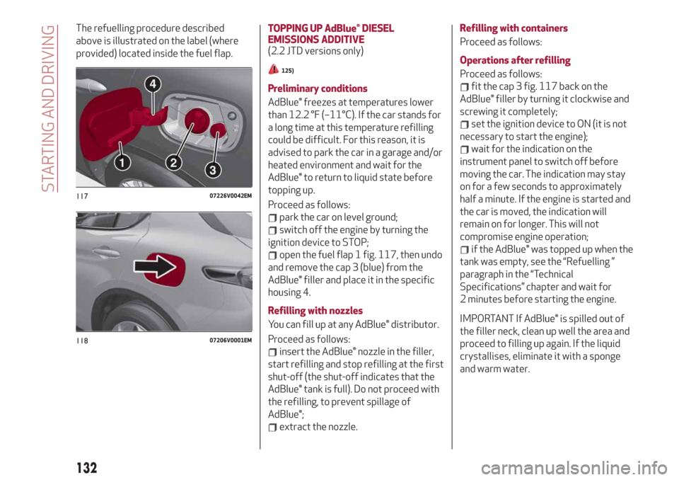 Alfa Romeo Stelvio 2019  Owners Manual The refuelling procedure described
above is illustrated on the label (where
provided) located inside the fuel flap.TOPPING UP AdBlue® DIESEL
EMISSIONS ADDITIVE
(2.2 JTD versions only)
125)
Preliminar