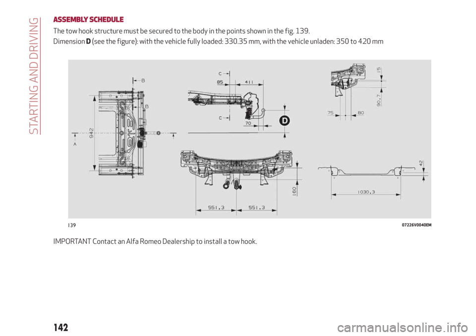 Alfa Romeo Stelvio 2019  Owners Manual ASSEMBLY SCHEDULE
The tow hook structure must be secured to the body in the points shown in the fig. 139.
DimensionD(see the figure): with the vehicle fully loaded: 330.35 mm, with the vehicle unladen