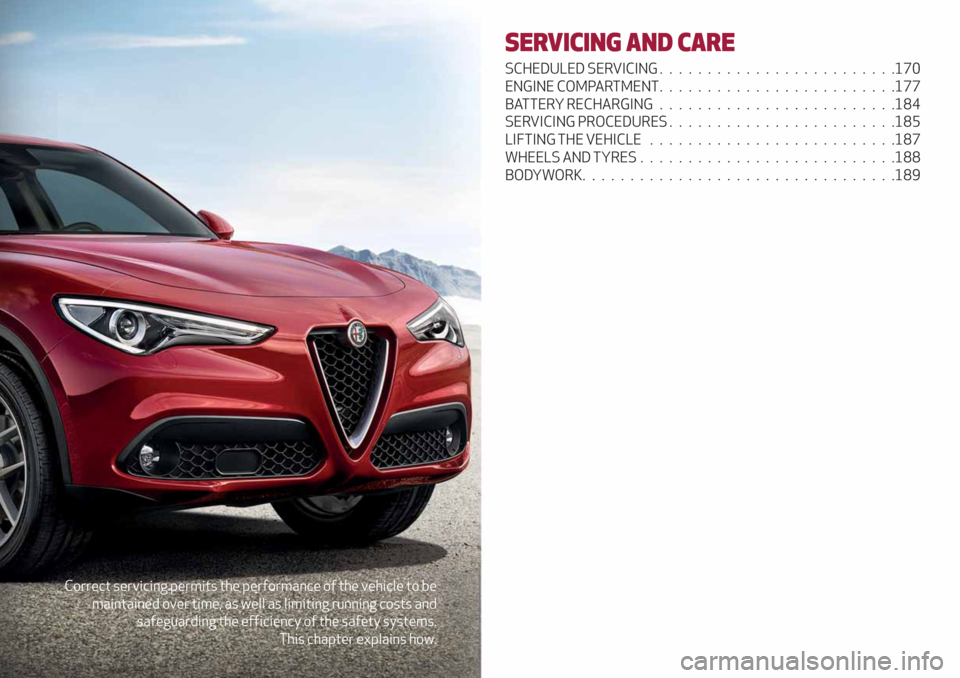 Alfa Romeo Stelvio 2019 Repair Manual Correct servicing permits the performance of the vehicle to be
maintained over time, as well as limiting running costs and
safeguarding the efficiency of the safety systems.
This chapter explains how.