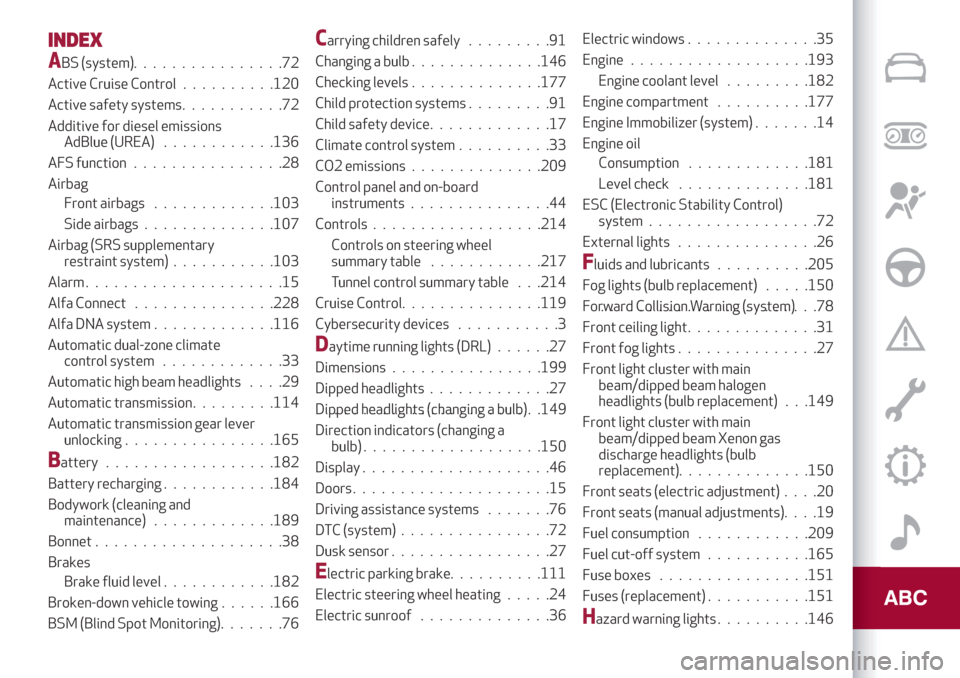 Alfa Romeo Stelvio 2019 Owners Manual INDEX
ABS (system)................72
Active Cruise Control..........120
Active safety systems...........72
Additive for diesel emissions
AdBlue (UREA)............136
AFS function................28
Air Alfa Romeo Stelvio 2019 Owners Manual INDEX
ABS (system)................72
Active Cruise Control..........120
Active safety systems...........72
Additive for diesel emissions
AdBlue (UREA)............136
AFS function................28
Air