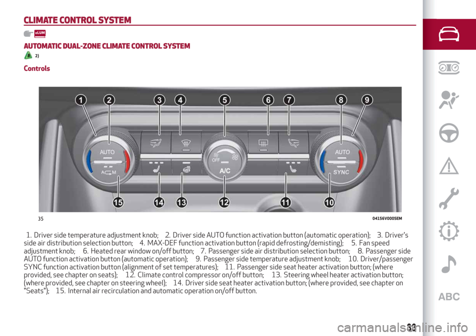 Alfa Romeo Stelvio 2019 Owners Guide CLIMATE CONTROLSYSTEM
AUTOMATIC DUAL-ZONE CLIMATE CONTROLSYSTEM
2)
Controls
1. Driver side temperature adjustment knob; 2. Driver side AUTO function activation button (automatic operation); 3. Driver Alfa Romeo Stelvio 2019 Owners Guide CLIMATE CONTROLSYSTEM
AUTOMATIC DUAL-ZONE CLIMATE CONTROLSYSTEM
2)
Controls
1. Driver side temperature adjustment knob; 2. Driver side AUTO function activation button (automatic operation); 3. Driver