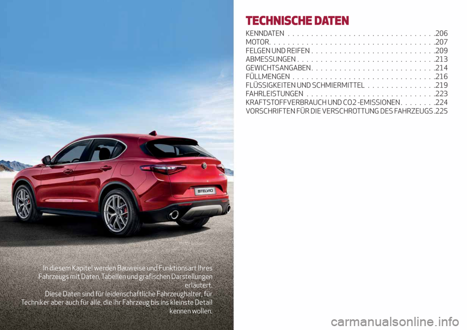 Alfa Romeo Stelvio 2019  Betriebsanleitung (in German) In diesem Kapitel werden Bauweise und Funktionsart Ihres
Fahrzeugs mit Daten, Tabellen und grafischen Darstellungen
erläutert.
Diese Daten sind für leidenschaftliche Fahrzeughalter, für
Techniker a