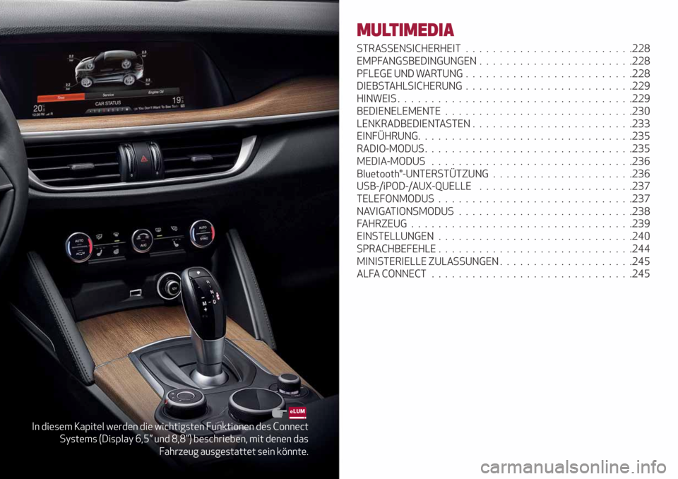 Alfa Romeo Stelvio 2019  Betriebsanleitung (in German) In diesem Kapitel werden die wichtigsten Funktionen des Connect
Systems (Display 6,5” und 8,8”) beschrieben, mit denen das
Fahrzeug ausgestattet sein könnte.
MULTIMEDIA
STRASSENSICHERHEIT........