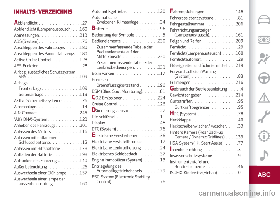 Alfa Romeo Stelvio 2019  Betriebsanleitung (in German) INHALTS- VERZEICHNIS
“Alfa DNA”-System............123
Abblendlicht................27
Abblendlicht (Lampenaustausch) . . .160
Abmessungen...............213
ABS (System)................76
Abschleppe