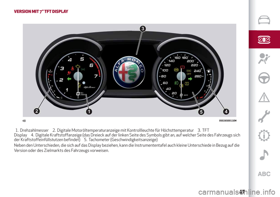 Alfa Romeo Stelvio 2019 Betriebsanleitung (in German) VERSION MIT 7” TFT DISPLAY
1. Drehzahlmesser 2. Digitale Motoröltemperaturanzeige mit Kontrollleuchte für Höchsttemperatur 3. TFT
Display 4. Digitale Kraftstoffanzeige (das Dreieck auf der linken Alfa Romeo Stelvio 2019 Betriebsanleitung (in German) VERSION MIT 7” TFT DISPLAY
1. Drehzahlmesser 2. Digitale Motoröltemperaturanzeige mit Kontrollleuchte für Höchsttemperatur 3. TFT
Display 4. Digitale Kraftstoffanzeige (das Dreieck auf der linken
