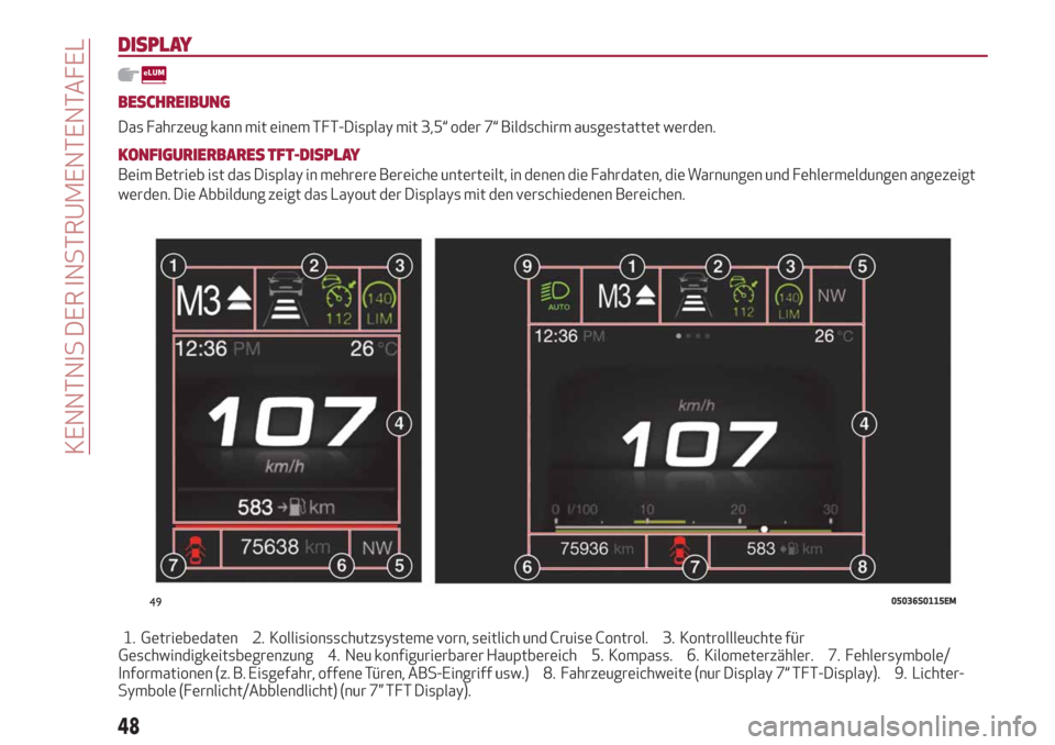 Alfa Romeo Stelvio 2019  Betriebsanleitung (in German) DISPLAY
BESCHREIBUNG
Das Fahrzeug kann mit einem TFT-Display mit 3,5“ oder 7“ Bildschirm ausgestattet werden.
KONFIGURIERBARES TFT-DISPLAY
Beim Betrieb ist das Display in mehrere Bereiche untertei