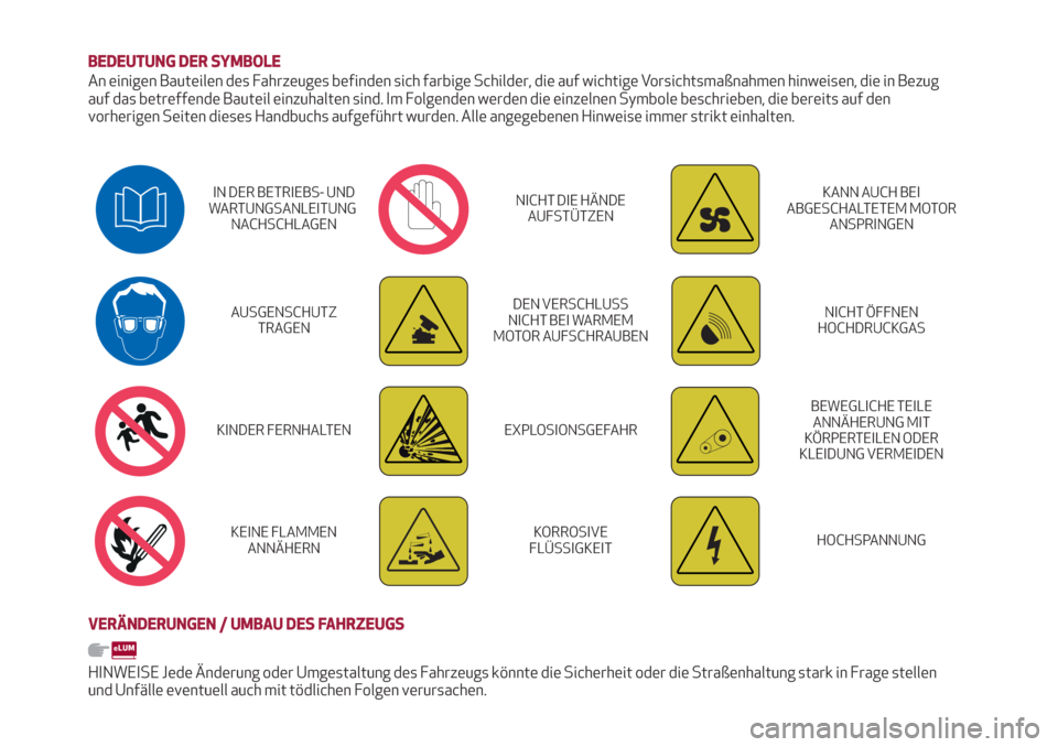 Alfa Romeo Stelvio 2019  Betriebsanleitung (in German) BEDEUTUNG DER SYMBOLE
An einigen Bauteilen des Fahrzeuges befinden sich farbige Schilder, die auf wichtige Vorsichtsmaßnahmen hinweisen, die in Bezug
auf das betreffende Bauteil einzuhalten sind. Im 