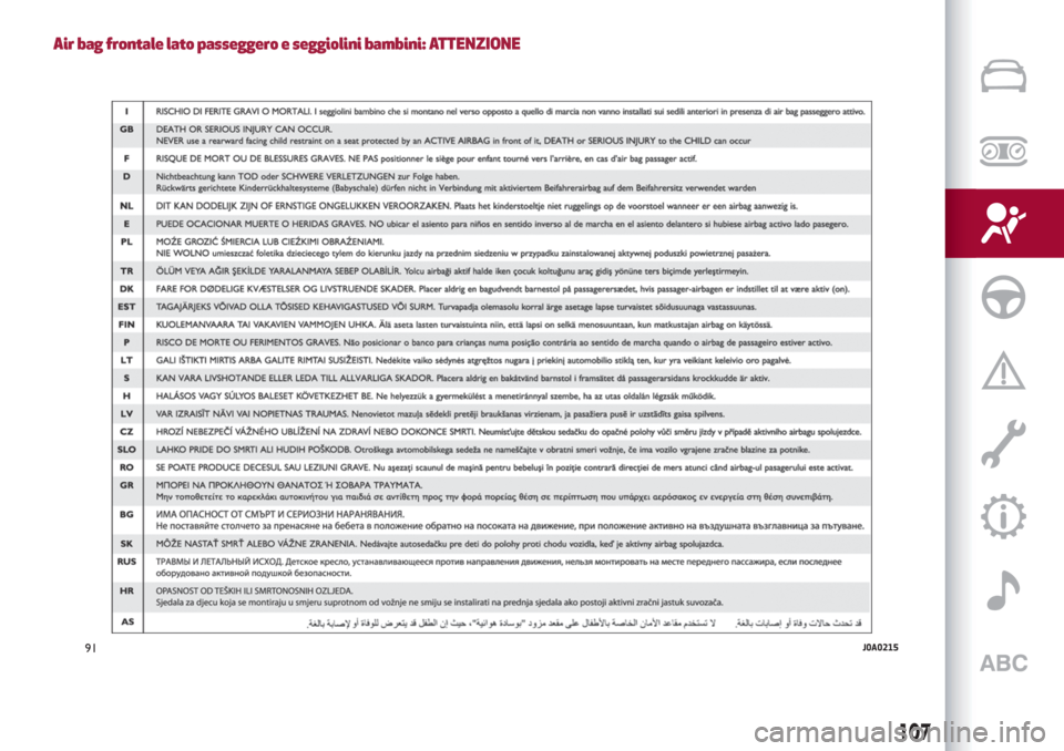 Alfa Romeo Stelvio 2019 Manuale del proprietario (in Italian) Air bag frontale lato passeggero e seggiolini bambini: ATTENZIONE
91J0A0215
107 Alfa Romeo Stelvio 2019 Manuale del proprietario (in Italian) Air bag frontale lato passeggero e seggiolini bambini: ATTENZIONE
91J0A0215
107
