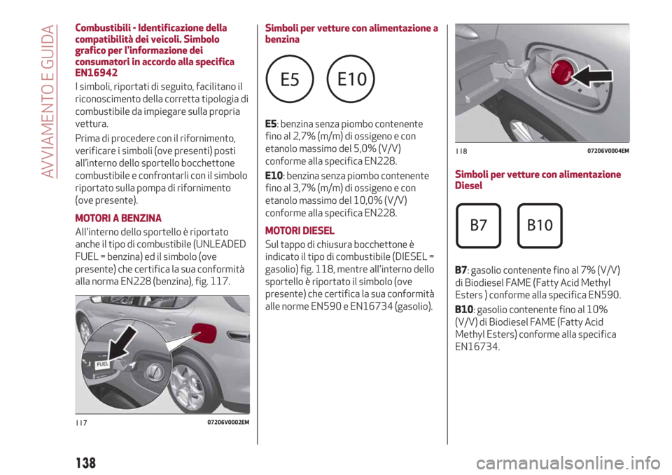Alfa Romeo Stelvio 2019 Manuale del proprietario (in Italian) Combustibili - Identificazione della
compatibilità dei veicoli. Simbolo
grafico per linformazione dei
consumatori in accordo alla specifica
EN16942
I simboli, riportati di seguito, facilitano il
ric Alfa Romeo Stelvio 2019 Manuale del proprietario (in Italian) Combustibili - Identificazione della
compatibilità dei veicoli. Simbolo
grafico per linformazione dei
consumatori in accordo alla specifica
EN16942
I simboli, riportati di seguito, facilitano il
ric