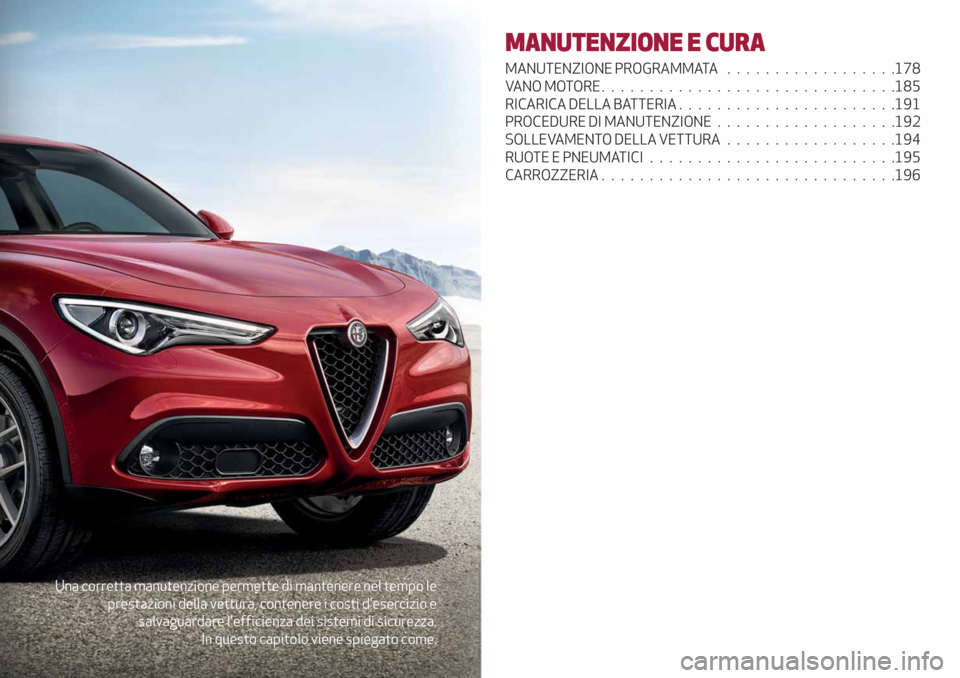 Alfa Romeo Stelvio 2019  Manuale del proprietario (in Italian) Una corretta manutenzione permette di mantenere nel tempo le
prestazioni della vettura, contenere i costi desercizio e
salvaguardare lefficienza dei sistemi di sicurezza.
In questo capitolo viene sp