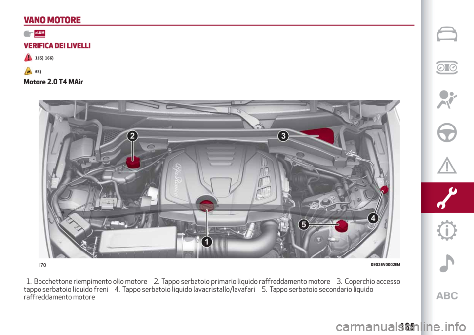 Alfa Romeo Stelvio 2019  Manuale del proprietario (in Italian) VANO MOTORE
VERIFICA DEI LIVELLI
165) 166)
63)
Motore 2.0 T4 MAir
1. Bocchettone riempimento olio motore 2. Tappo serbatoio primario liquido raffreddamento motore 3. Coperchio accesso
tappo serbatoio 