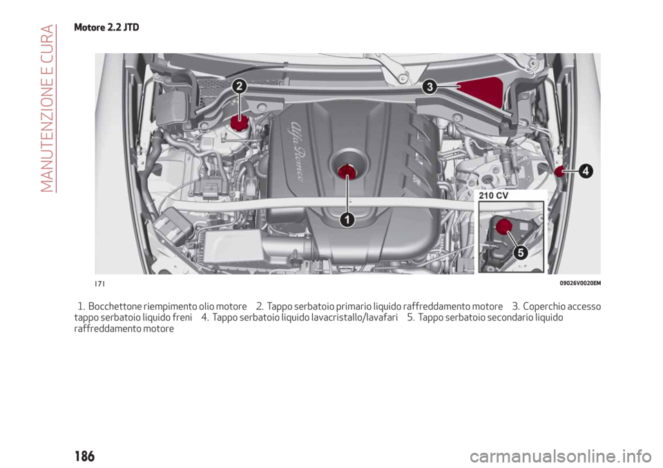 Alfa Romeo Stelvio 2019  Manuale del proprietario (in Italian) Motore 2.2 JTD
1. Bocchettone riempimento olio motore 2. Tappo serbatoio primario liquido raffreddamento motore 3. Coperchio accesso
tappo serbatoio liquido freni 4. Tappo serbatoio liquido lavacrista