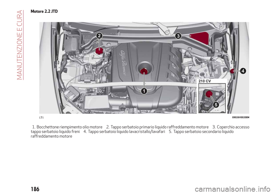 Alfa Romeo Stelvio 2019 Manuale del proprietario (in Italian) Motore 2.2 JTD
1. Bocchettone riempimento olio motore 2. Tappo serbatoio primario liquido raffreddamento motore 3. Coperchio accesso
tappo serbatoio liquido freni 4. Tappo serbatoio liquido lavacrista Alfa Romeo Stelvio 2019 Manuale del proprietario (in Italian) Motore 2.2 JTD
1. Bocchettone riempimento olio motore 2. Tappo serbatoio primario liquido raffreddamento motore 3. Coperchio accesso
tappo serbatoio liquido freni 4. Tappo serbatoio liquido lavacrista