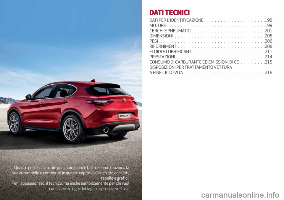 Alfa Romeo Stelvio 2019 Manuale del proprietario (in Italian) Quanto può essere utile per capire comè fatta e come funziona la
Sua automobile è contenuto in questo capitolo e illustrato con dati,
tabelle e grafici.
Per lappassionato, il tecnico, ma anche se Alfa Romeo Stelvio 2019 Manuale del proprietario (in Italian) Quanto può essere utile per capire comè fatta e come funziona la
Sua automobile è contenuto in questo capitolo e illustrato con dati,
tabelle e grafici.
Per lappassionato, il tecnico, ma anche se
